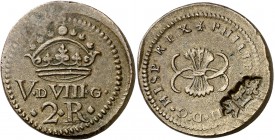 Felipe IV. Ponderal de 2 reales. (Dieudonné 155d sim) (Mateu y Llopis 46 sim). 6,71 g. Contramarca: H coronada, debajo flor de lis. MBC+.