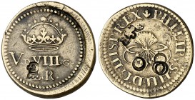 Felipe IV. Ponderal de 2 reales. (Dieudonné 155d sim) (Mateu y Llopis 46 sim). 6,73 g. Contramarcas: G coronada en anverso, flor de lis coronada, deba...