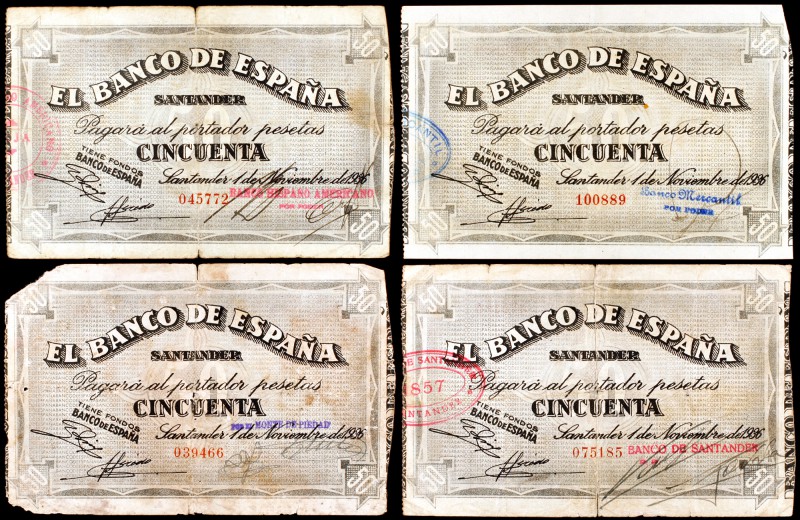 1936. Santander. 50 pesetas. (Ed. C29c a C29f). 1 de noviembre. Lote de 4 billet...