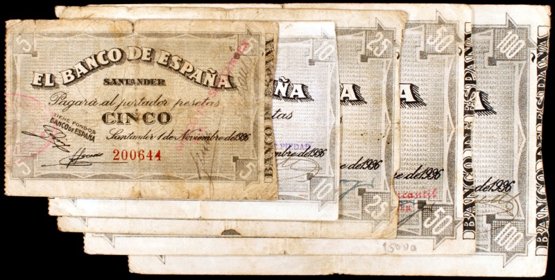 1936. Santander. 5, 10, 25, 50 y 100 pesetas. (Ed. C26e, C27f, C28d, C29d y C30)...