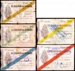 1936. Gijón. 5, 10, 25, 50 y 100 pesetas. (Ed. C31 a C35). Serie completa. Raros. BC-/MBC-.