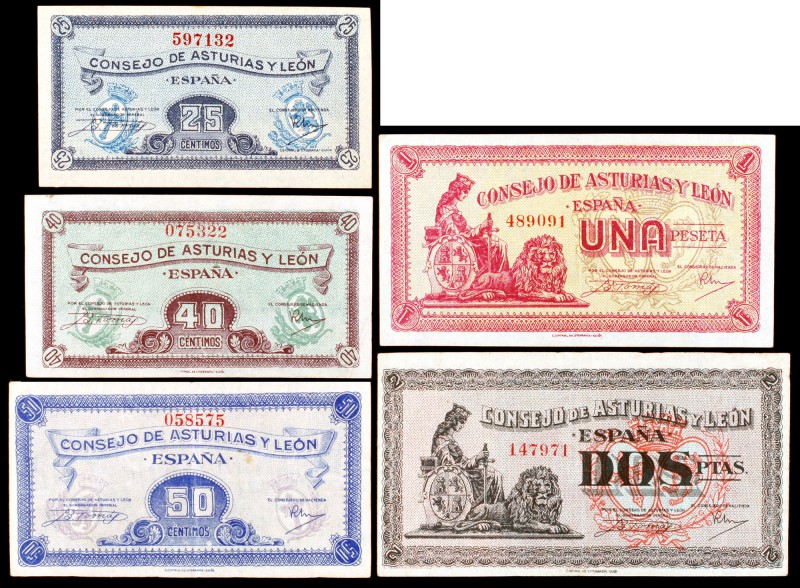 1937. Asturias y León. 25, 40 y 50 céntimos, 1 y 2 pesetas. (Ed. C45 a C49). Ser...