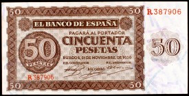 1936. Burgos. 50 pesetas. (Ed. D21a). 21 de noviembre, serie R. Leve doblez. Raro. EBC.
