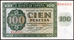 1936. Burgos. 100 pesetas. (Ed. D22a). 21 de noviembre, serie X. Leve doblez horizontal. S/C-.