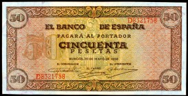 1938. Burgos. 50 pesetas. (Ed. D32a). 20 de mayo, serie D. Leve doblez. Raro. EBC+.