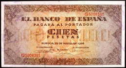 1938. Burgos. 100 pesetas. (Ed. D33a). 20 de mayo, serie G. Leve doblez. EBC.