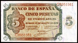 1938. Burgos. 5 pesetas. (Ed. D36a). 10 de agosto, serie C. S/C-.