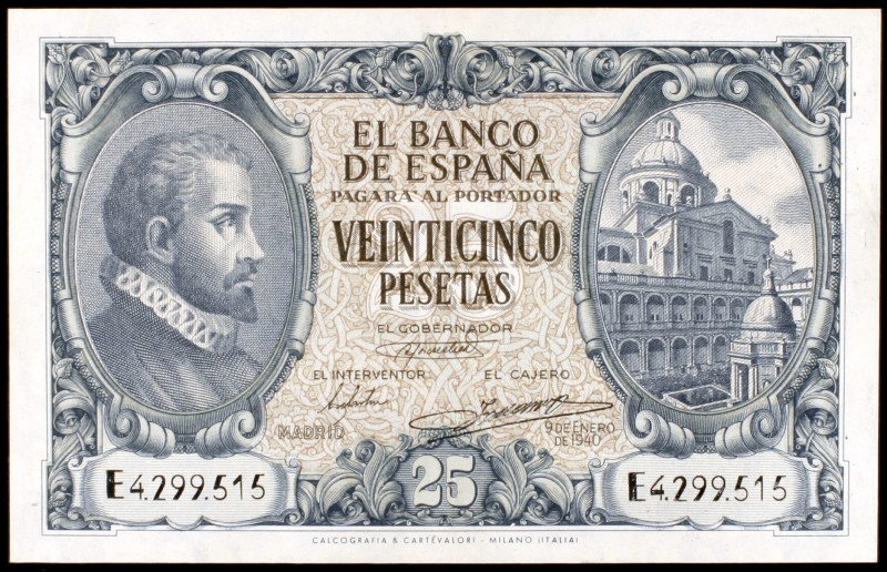 1940. 25 pesetas. (Ed. D37a). 9 de enero, Juan de Herrera. Serie E. Leve doblez....