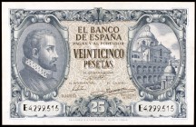 1940. 25 pesetas. (Ed. D37a). 9 de enero, Juan de Herrera. Serie E. Leve doblez. Escaso. EBC-.