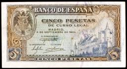 1940. 5 pesetas. (Ed. D44a). 4 de septiembre, Alcázar de Segovia. Serie B. EBC.