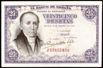 1946. 25 pesetas. (Ed. D51a). 19 de febrero, Flórez Estrada. Serie J. Numeración capicúa: nº 02855820. Leve doblez. EBC-.