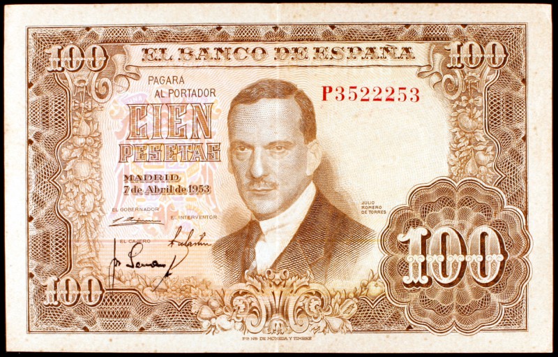 1953. 100 pesetas. (Ed. D65a). 7 de abril, Romero de Torres. Serie P. Numeración...