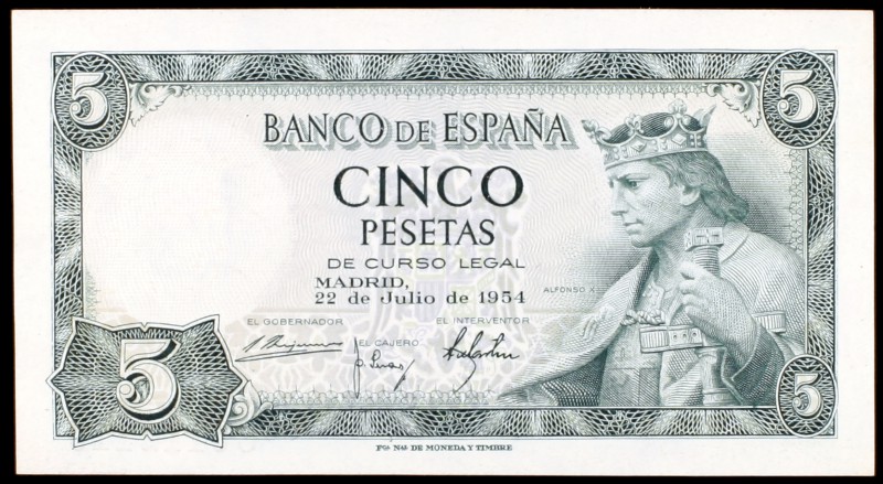 1954. 5 pesetas. (Ed. D67a). 22 de julio, Alfonso X. Serie C. Numeración capicúa...