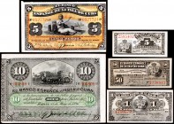 1896. El Banco Español de la Isla de Cuba. 5 y 50 centavos y 1, 5 y 10 pesos. (Ed. CU66, CU67, CU68, CU70 y CU78). 15 de mayo. Lote de 5 billetes, los...