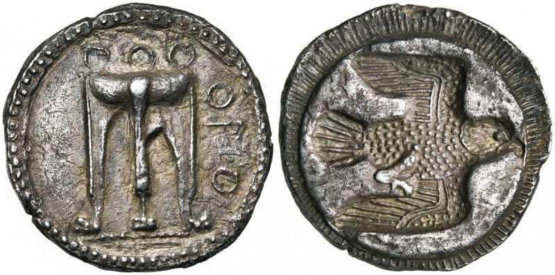 BRUTTIUM, CROTONE, AR statère, 480-430 av. J.-C. D/ Trépied. A d., PO de haut e...