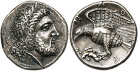 BRUTTIUM, LOKROI EPIZEPHYROI, AR statère, vers 300-280 av. J.-C. D/ T. l. de Zeus à d. Derrière la nuque, un foudre. Sous le cou, petite lettre . R/ ...