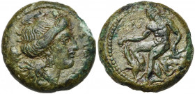 BRUTTIUM, MESMA, AE bronze, vers 340-330 av. J.-C. D/ T. de nymphe à d. Derrière, hydrie. A d., MEΣMA. R/ Pan assis à g. sur un rocher, ten. un skypho...