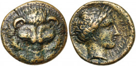 BRUTTIUM, RHEGION, AE bronze, vers 415-387 av. J.-C. D/ T. de lion de f. R/ T. l. d''Apollon à d. Derrière, feuille de laurier. Devant, PHΓINON. SNG A...