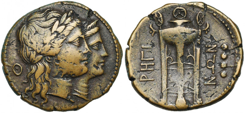 BRUTTIUM, RHEGION, AE trias, 215-150 av. J.-C. D/ T. accolées d''Apollon et d''A...