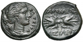SICILE, SYRACUSE, Agathoclès (317-289), bronze, 306-289 av. J.-C. D/ ΣΩΤΕΙΡΑ B. d''Artémis à d., les cheveux ramenés en chignon, le carquois sur l''ép...