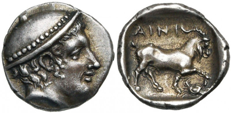THRACE, AINOS, AR diobole, 408-407 av. J.-C. D/ T. d''Hermès à d., coiffé du pét...