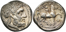 ROYAUME DE MACEDOINE, Philippe II (359-336), AR tétradrachme, 315-295 av. J.-C., Amphipolis. D/ T. l. de Zeus à d. R/ ΦΙΛΙΠ-ΠΟY Cavalier chevauchant a...