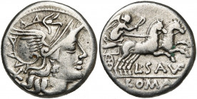 L. Saufeius, AR denier, 152 av. J.-C., Rome. D/ T. casquée de Roma à d. Derrière, . R/ Victoire menant un bige au galop à d., ten. un fouet et les rê...