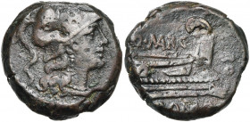 Q. Marcius Libo, AE triens, 148 av. J.-C., Rome. D/ T. casquée de Minerve à d. [Au-dessus, quatre globules]. R/ Proue à d. Au-dessus, Q·MARC. A d., LI...
