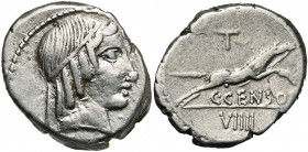 C. Marcius Censorinus, AR denier, 88 av. J.-C., Rome. D/ T. diad. d''Apollon à d. R/ C CENSORI Cheval bridé au grand galop à d. Au-dessus, T. A l''ex....