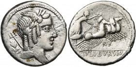 L. Iulius Bursio, AR denier, 85 av. J.-C., Rome. D/ B. masc. à d., avec les attributs d''Apollon, Mercure et Neptune. Derrière, une branche. R/ L· IVL...