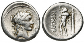 L. Marcius Censorinus, AR denier, 82 av. J.-C., Rome. D/ T. l. d''Apollon à d. R/ L CENSOR Le satyre Marsyas deb. à g., portant une outre sur l''épaul...