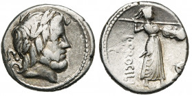L. Procilius, AR denier, 80 av. J.-C., Rome. D/ T. l. de Zeus à d. A g., S·C. R/ Junon Sospita deb. à d., brandissant une lance et un bouclier. A d., ...