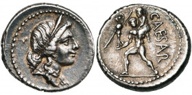 Jules César, AR denier, 47-46 av. J.-C., Afrique. D/ T. diad. de Vénus à d. R/ Enée avançant à g., ten. le palladium de la d. et portant Anchise sur l...