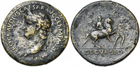 NERON (54-68), AE sesterce, 63, Rome. D/ NERO CLAVDIVS CAESAR AVG GERM P M TR P IMP P P T. l. à g. R/ Néron, ten. une lance, à cheval à d., un soldat ...