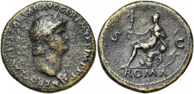 NERON (54-68), AE sesterce, 65, Rome. D/ NERO CLAVDIVS CAESAR AVG GER P M TR P P P T. l. à d., le cou dr. de l''égide. R/ S-C/ ROMA Roma assise à g. s...