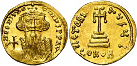 Constant II (641-668), AV solidus, 651-654, Constantinople. Off. I. D/ B. cour. de f., à la barbe longue, vêtu de la chlamyde, ten. un gl. cr. R/ VICT...