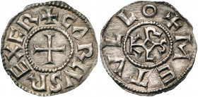 CAROLINGIENS, Charlemagne (768-814) ou Charles le Chauve (840-877), AR denier, à partir de 793/794, Melle. D/ + CARLVS REX FR Croix. R/ + METVLLO Mono...