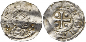 ALLEMAGNE, WÜRZBURG, Otton III, empereur (996-1002), AR denier. D/ •S• K[ILIANV]S B. du saint à d. R/ [+ O]TTO IM[PE] Croix cantonnée de quatre globul...