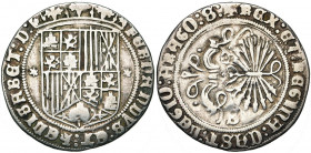 ESPAGNE, Royaume, Ferdinand et Isabelle (1474-1504), AR real, s.d., Séville. D/ Ecusson royal couronné entre deux étoiles. R/ Faisceau. En dessous, S....