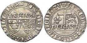 FRANCE, Royaume, Henri VI d''Angleterre (1422-1453), billon blanc aux écus, novembre 1422, Paris (couronne initiale). D/ Ecus accostés de France et de...