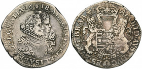 BRABANT, Duché, Albert et Isabelle (1598-1621), AR demi-ducaton, 1618, Bruxelles. D/ B. accolés des archiducs à d. R/ Ecu couronné, tenu par deux lion...
