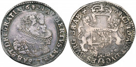 BRABANT, Duché, Albert et Isabelle (1598-1621), AR demi-ducaton, 1621, Bruxelles. D/ B. accolés des archiducs à d. R/ Ecu couronné, tenu par deux lion...