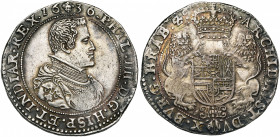 BRABANT, Duché, Philippe IV (1621-1665), AR ducaton, 1636, Bruxelles. Deuxième type. D/ B. dr. et cuir. à d. R/ Ecu couronné, tenu par deux lions. En ...
