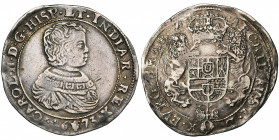 BRABANT, Duché, Charles II (1665-1700), AR demi-ducaton, 1673, Anvers. Premier type. D/ B. enfantin à d. R/ Deux lions ten. une grande couronne au-des...