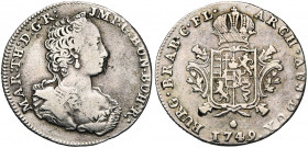 BRABANT, Duché, Marie-Thérèse (1740-1780), AR huitième de ducaton, 1749, Anvers. Tranche cordonnée. D/ B. dr. et diad. à d., avec pendant d''oreille. ...