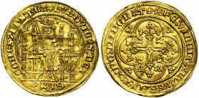 VLAANDEREN, Graafschap, Lodewijk van Male (1346-1384), AV half gouden schild met de adelaar, 1352-1353, Brugge. Vz/ De gezeten graaf, gekroond met roz...