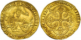 VLAANDEREN, Graafschap, Lodewijk van Male (1346-1384), AV gouden rijder (franc à cheval), 1361-1364, Gent. Vz/ Gehelmde graaf te paard n. l., een opge...