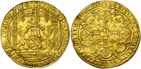 VLAANDEREN, Graafschap, Lodewijk van Male (1346-1384), AV gouden helm (vieil heaume d''or), 1368-1369, Gent. 2e uitgifte. Vz/ Onder een gotisch baldak...