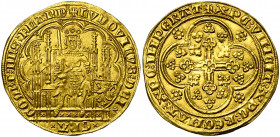 VLAANDEREN, Graafschap, Lodewijk van Male (1346-1384), AV nieuw gouden schild met de leeuw (écu d''or au lion), 1370/1372-1384, Gent en Mechelen. Vz/ ...