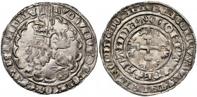 VLAANDEREN, Graafschap, Lodewijk van Male (1346-1384), AR dubbele groot (plak), 5e uitgifte (1380-1383), Mechelen. Met klaverblad, hoekige unciale E e...
